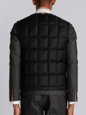 Downfilled Button Front Vest In Black Super 130's Wool Twill