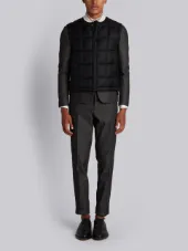 Downfilled Button Front Vest In Black Super 130's Wool Twill