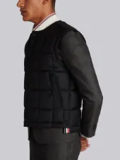 Downfilled Button Front Vest In Black Super 130's Wool Twill