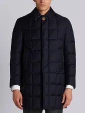 Downfilled Classic Bal Collar Overcoat In Navy Super 130’s Wool Twill