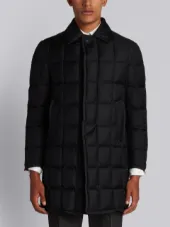 Downfilled Classic Bal Collar Overcoat With Grosgrain Tipping In Black Super 130’s Wool Twill