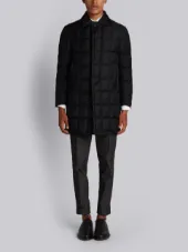 Downfilled Classic Bal Collar Overcoat With Grosgrain Tipping In Black Super 130’s Wool Twill