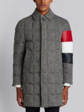 Downfilled Classic Bal Collar Overcoat With Red, White And Blue Armband Stripe In Herringbone Harris Tweed