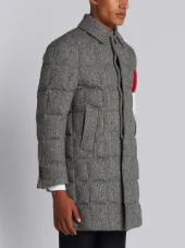 Downfilled Classic Bal Collar Overcoat With Red, White And Blue Armband Stripe In Herringbone Harris Tweed
