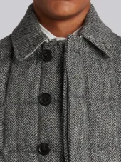 Downfilled Classic Bal Collar Overcoat With Red, White And Blue Armband Stripe In Herringbone Harris Tweed