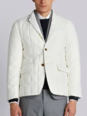 Downfilled Classic Single Breasted Sport Coat In White Solid Nylon Tech