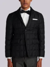 Downfilled Classic Single Breasted Sport Coat With Grosgrain Tipping In Black Super 130’s Wool Twill