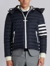 Downfilled Ski Jacket With 4-Bar Stripe Sleeve & Detachable Hood In Navy Mini Ripstop