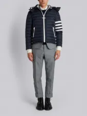 Downfilled Ski Jacket With 4-Bar Stripe Sleeve & Detachable Hood In Navy Mini Ripstop