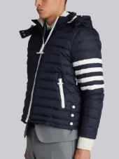 Downfilled Ski Jacket With 4-Bar Stripe Sleeve & Detachable Hood In Navy Mini Ripstop