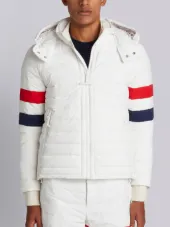 Downfilled Ski Jacket With Red, White And Blue Sleeve & Detachable Hood In Matte Nylon Poplin