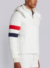 Downfilled Ski Jacket With Red, White And Blue Sleeve & Detachable Hood In Matte Nylon Poplin