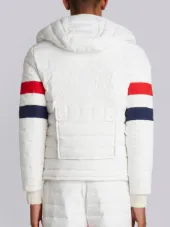 Downfilled Ski Jacket With Red, White And Blue Sleeve & Detachable Hood In Matte Nylon Poplin
