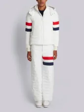 Downfilled Ski Jacket With Red, White And Blue Sleeve & Detachable Hood In Matte Nylon Poplin