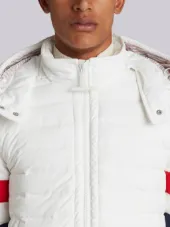 Downfilled Ski Jacket With Red, White And Blue Sleeve & Detachable Hood In Matte Nylon Poplin