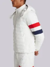 Downfilled Ski Jacket With Red, White And Blue Sleeve & Detachable Hood In Matte Nylon Poplin