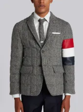Downfilled Sport Coat With Red, White And Blue Armband Stripe In Herringbone Harris Tweed