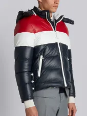 Downfilled Three Panel Leather Ski Jacket With Front Zip & Detachable Hood In Red, White And Blue Deerskin