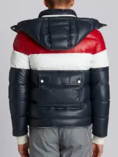 Downfilled Three Panel Leather Ski Jacket With Front Zip & Detachable Hood In Red, White And Blue Deerskin