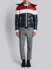 Downfilled Three Panel Leather Ski Jacket With Front Zip & Detachable Hood In Red, White And Blue Deerskin
