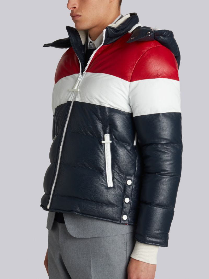 Downfilled Three Panel Leather Ski Jacket With Front Zip & Detachable Hood In Red, White And Blue Deerskin