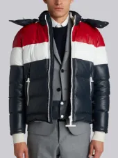 Downfilled Three Panel Leather Ski Jacket With Front Zip & Detachable Hood In Red, White And Blue Deerskin