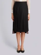 Dropped-Back Below Knee Pleated Skirt in Black Crepe Suiting