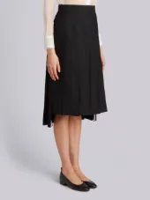 Dropped-Back Below Knee Pleated Skirt in Black Crepe Suiting