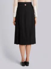 Dropped-Back Below Knee Pleated Skirt in Black Crepe Suiting