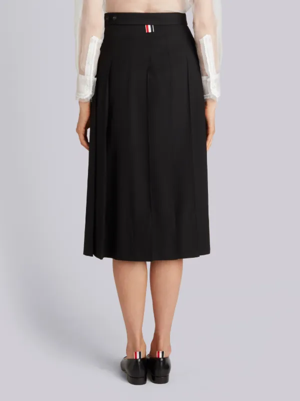 DroppedBack Below Knee Pleated Skirt in Black Crepe SuitingThom Browne