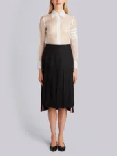 Dropped-Back Below Knee Pleated Skirt in Black Crepe Suiting
