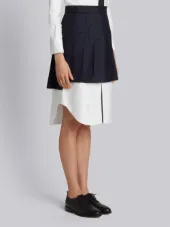 Dropped-Back Mini Pleated Skirt in Navy Super 130's Wool Twill