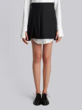 Dropped Back Mini Pleated Skirt With Grosgrain Tipping In Black Extra Fine Merino Kid Mohair