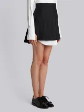 Dropped Back Mini Pleated Skirt With Grosgrain Tipping In Black Extra Fine Merino Kid Mohair