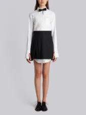 Dropped Back Mini Pleated Skirt With Grosgrain Tipping In Black Extra Fine Merino Kid Mohair
