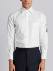 Embroidery Patch Armband Button Down Point Collar Shirt In White Oxford