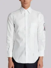 Embroidery Patch Armband Button Down Point Collar Shirt In White Oxford
