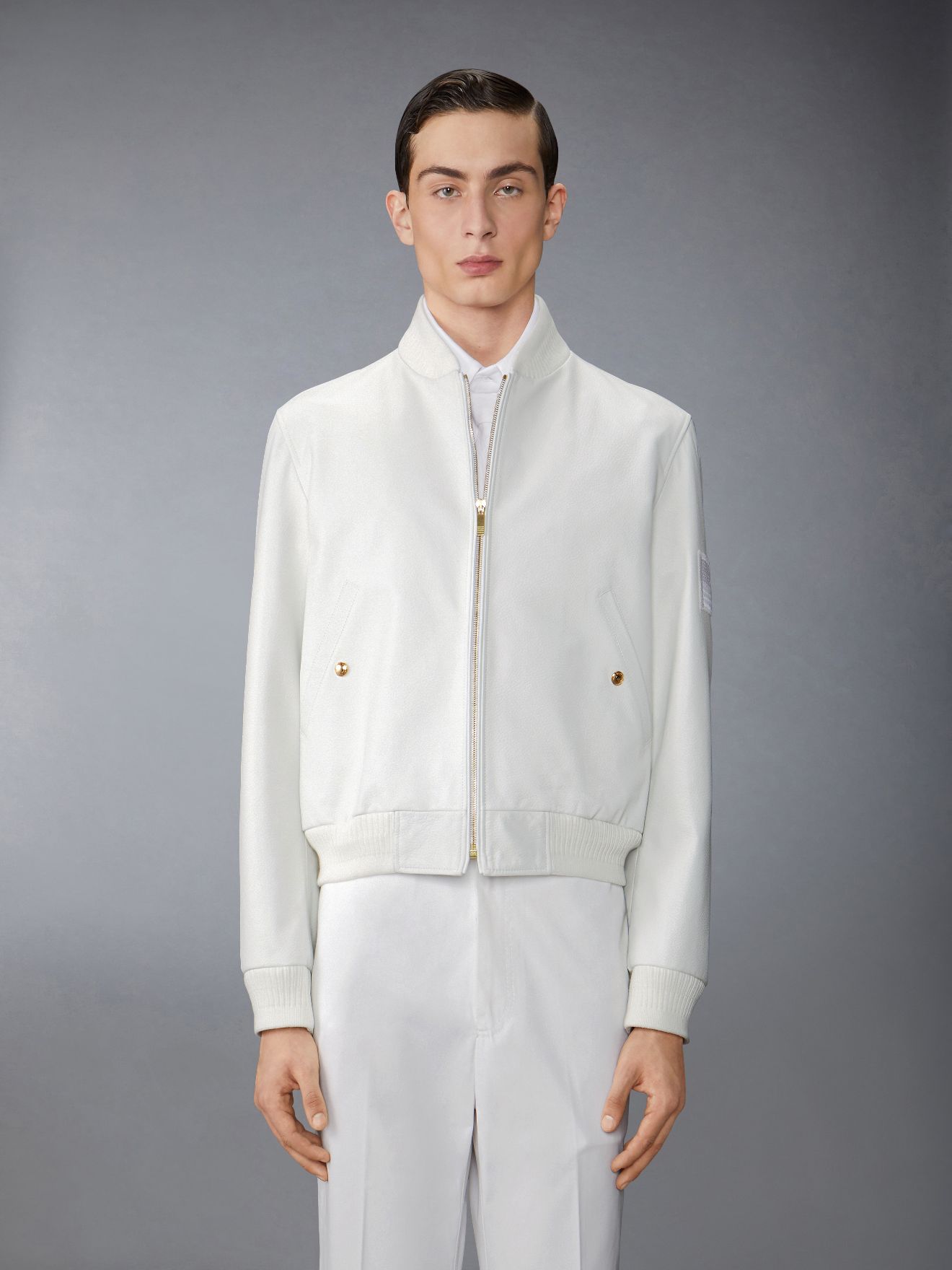 flag-patch leather bomber jacket | Thom Browne