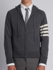 Full Zip Hoodie With 4-Bar Stripe In Medium Grey Cashmere