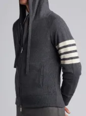 Full Zip Hoodie With 4-Bar Stripe In Medium Grey Cashmere