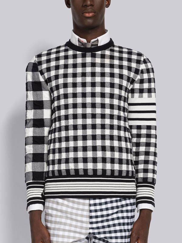 Fun-Mix Gingham Jacquard 4-Bar Crew Neck Pullover