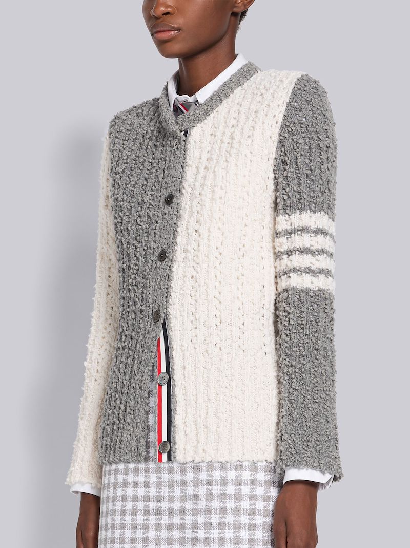 Fun-Mix Pointelle Boucle 4-Bar Crew Neck Cardigan