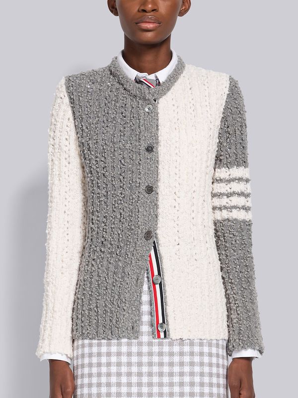 Fun-Mix Pointelle Boucle 4-Bar Crew Neck Cardigan