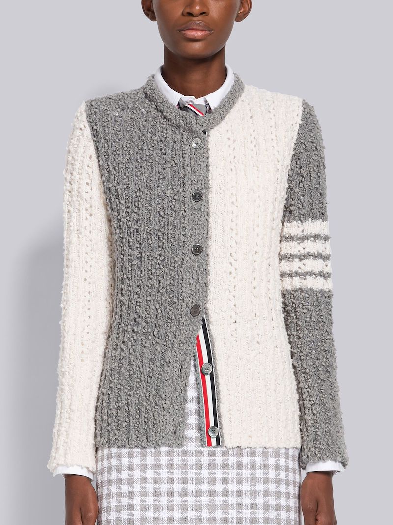Fun-Mix Pointelle Boucle 4-Bar Crew Neck Cardigan