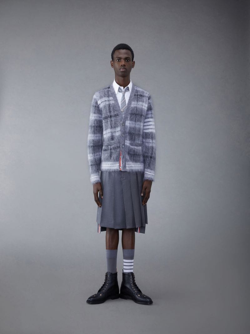 Fun-Mix Tartan Mohair 4-Bar V-neck Cardigan | Thom Browne