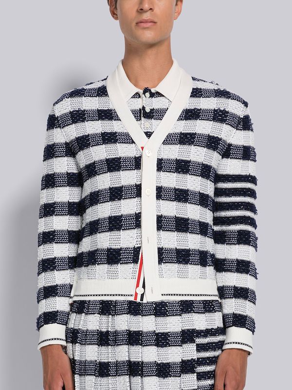 Gingham Inlay Jacquard 4-Bar V-Neck Cardigan