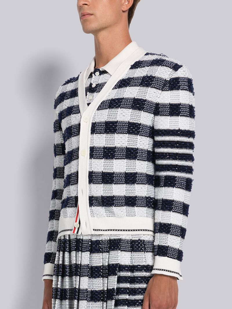 Gingham Inlay Jacquard 4-Bar V-Neck Cardigan