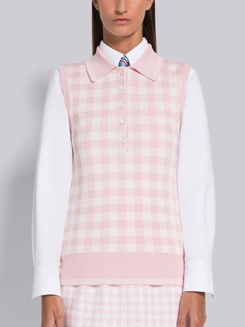 Gingham Silk Jacquard 4-Bar Polo Shell Top