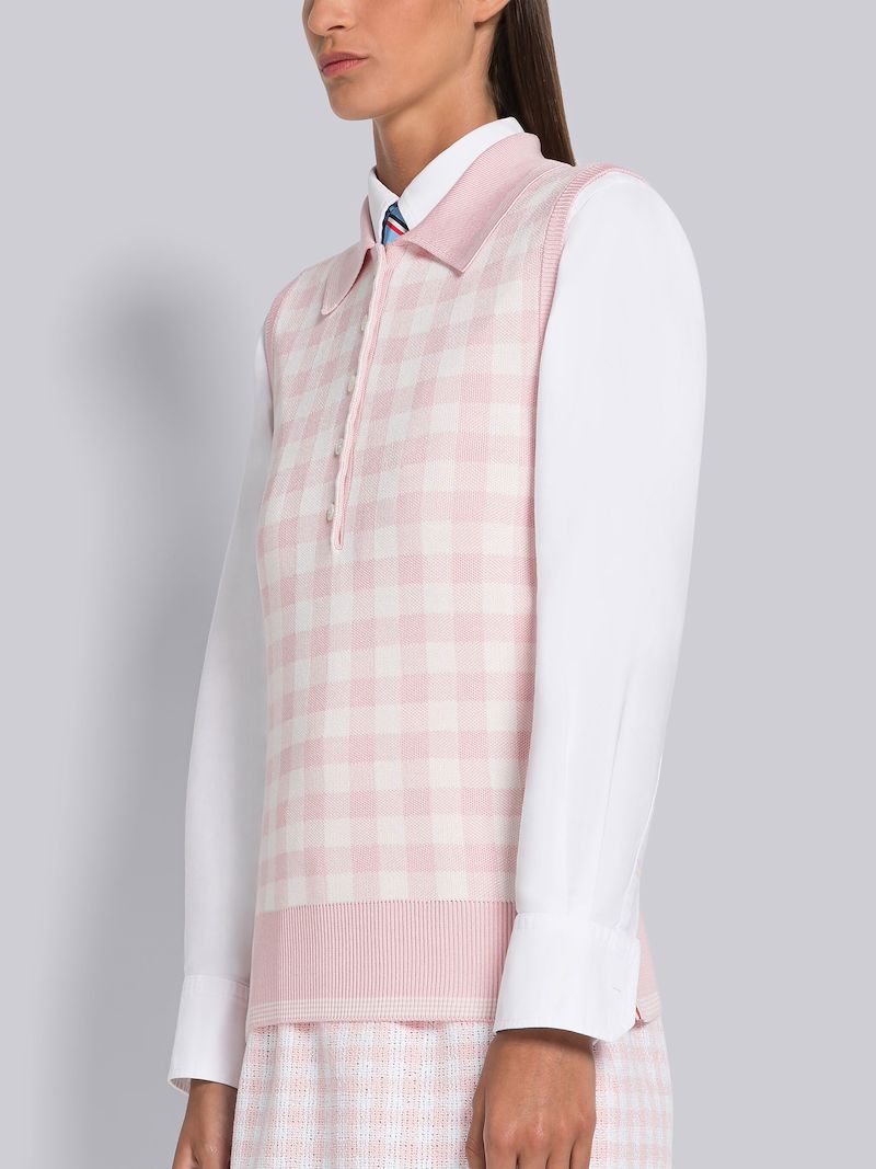 Gingham Silk Jacquard 4-Bar Polo Shell Top