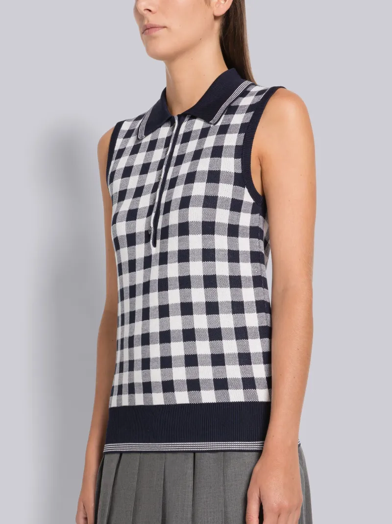 Gingham Silk Jacquard 4-Bar Polo Shell Top